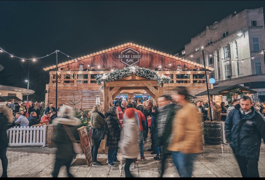 The Alpine Lodge Bar in Bournemouth town centre, busy with festive visitors at night