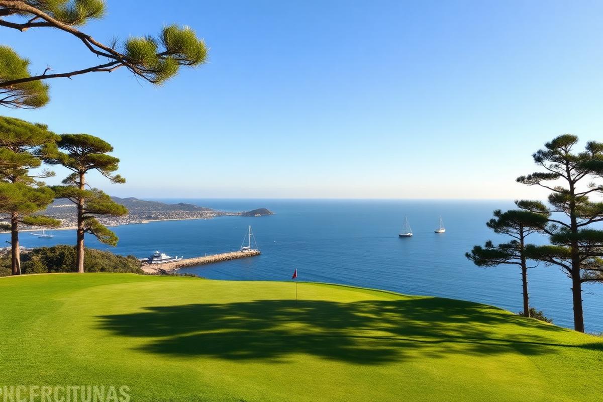 Parkstone Golf Club, Poole: Golf green on a clifftop overlooking Poole Harbour with sailing boats