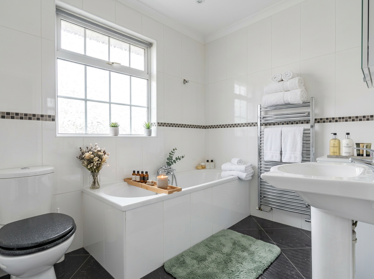 Bright, spa-styled family bathroom at Forest View